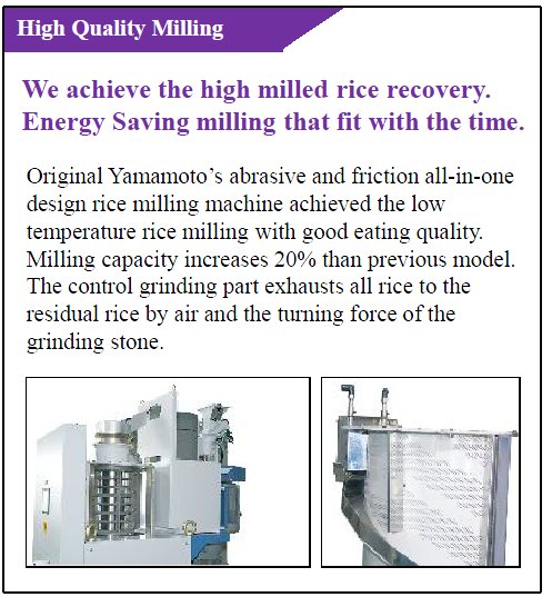 yamamoto-High Quality MillingWe achieve the high milled rice recovery.Energy Saving milling that fit with the time.Original Yamamoto’s abrasive and friction all-in-onedesign rice milling machine achieved the lowtemperature rice milling with good eating quality.Milling capacity increases 20% than previous model.The control grinding part exhausts all rice to theresidual rice by air and the turning force of the grinding stone - 76299 Bytes