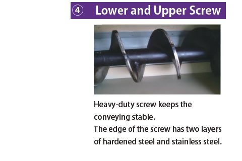 4. Lower and upper screw Heavy-duty screw keeps the conveying stable. The edge of the screw has two layers of hardened steel and stainless steel.