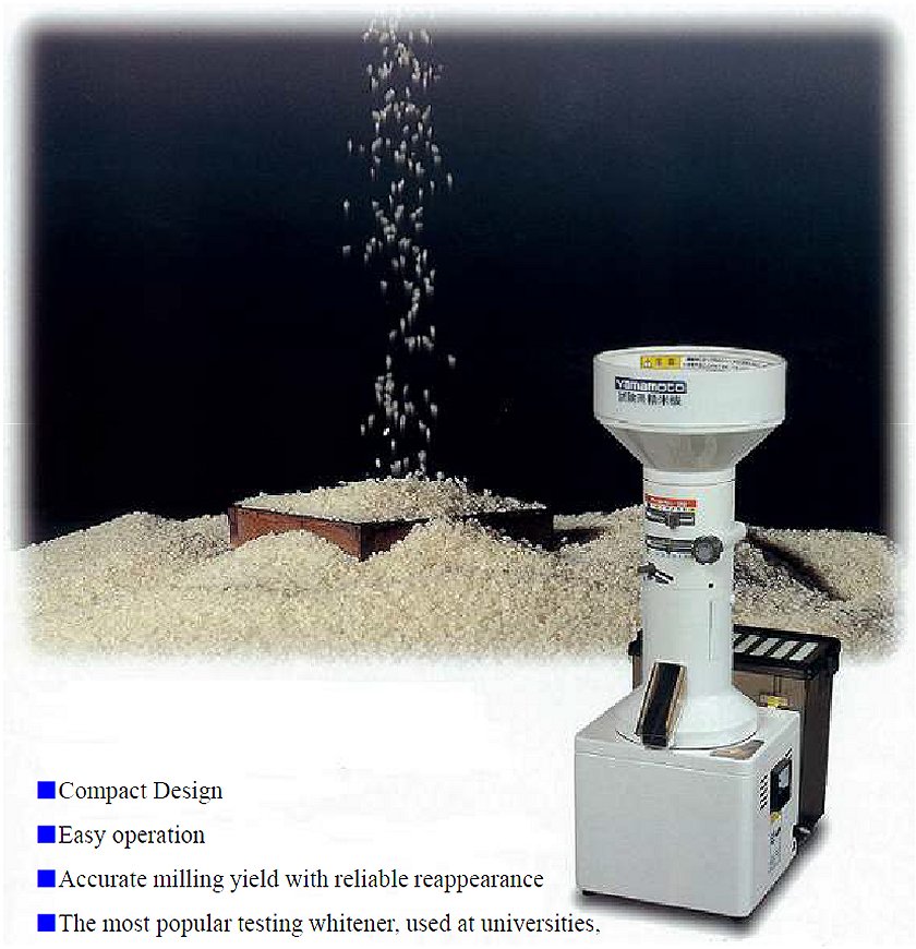Compact Design,Easy operation, Accurate milling yield with reliable reappearance, The most popular testing whitener, used at universities,laboratories and many other public organization in Japan,authorized by Japan Grain Inspection Association yp32-1.jpg - 126040 Bytes